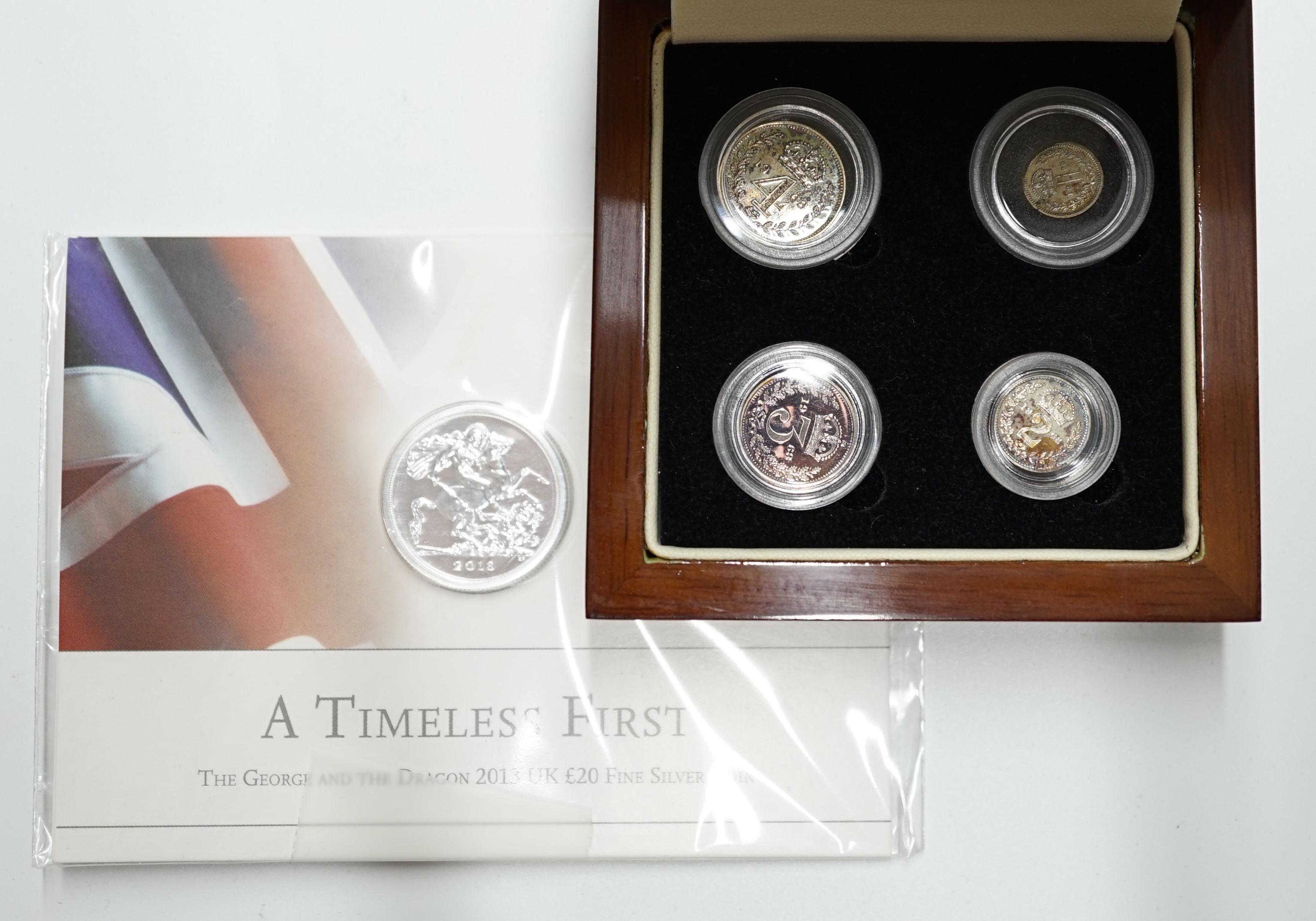 British silver coins, Elizabeth II four coin set of Maundy coins, 1968, toned UNC, in London mint case and a 2013 fine silver £20 coin, St. George & The Dragon (2)